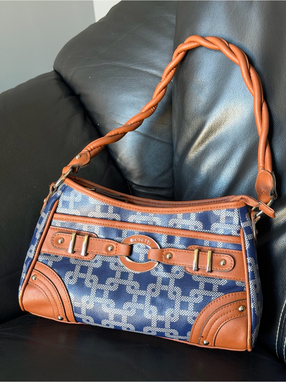 Rosetti Navy Geometric Shoulder Bag with Braided Strap